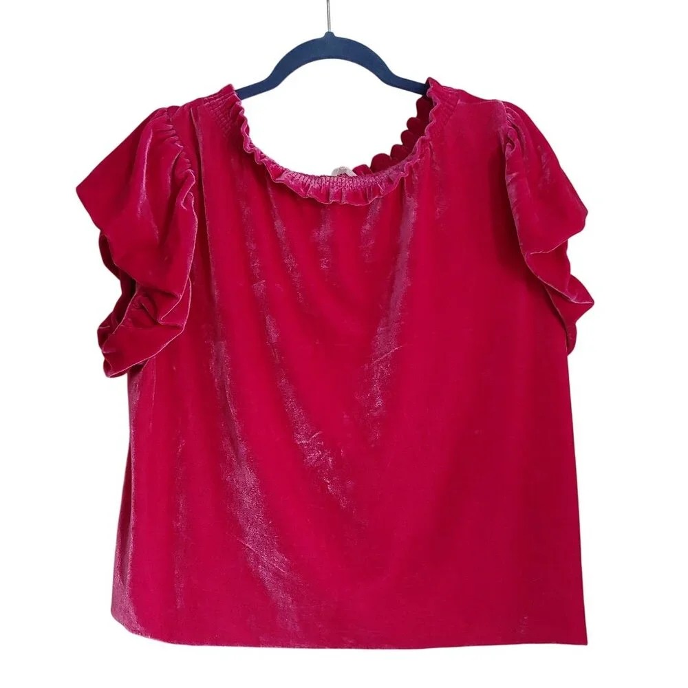 Free People Terese Velvet Short Sleeve Top Ruffle Coquette Twee Barbiecore Girly